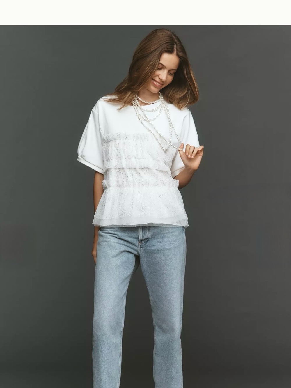White Short Sleeve Ruffle Mesh Overlay Top